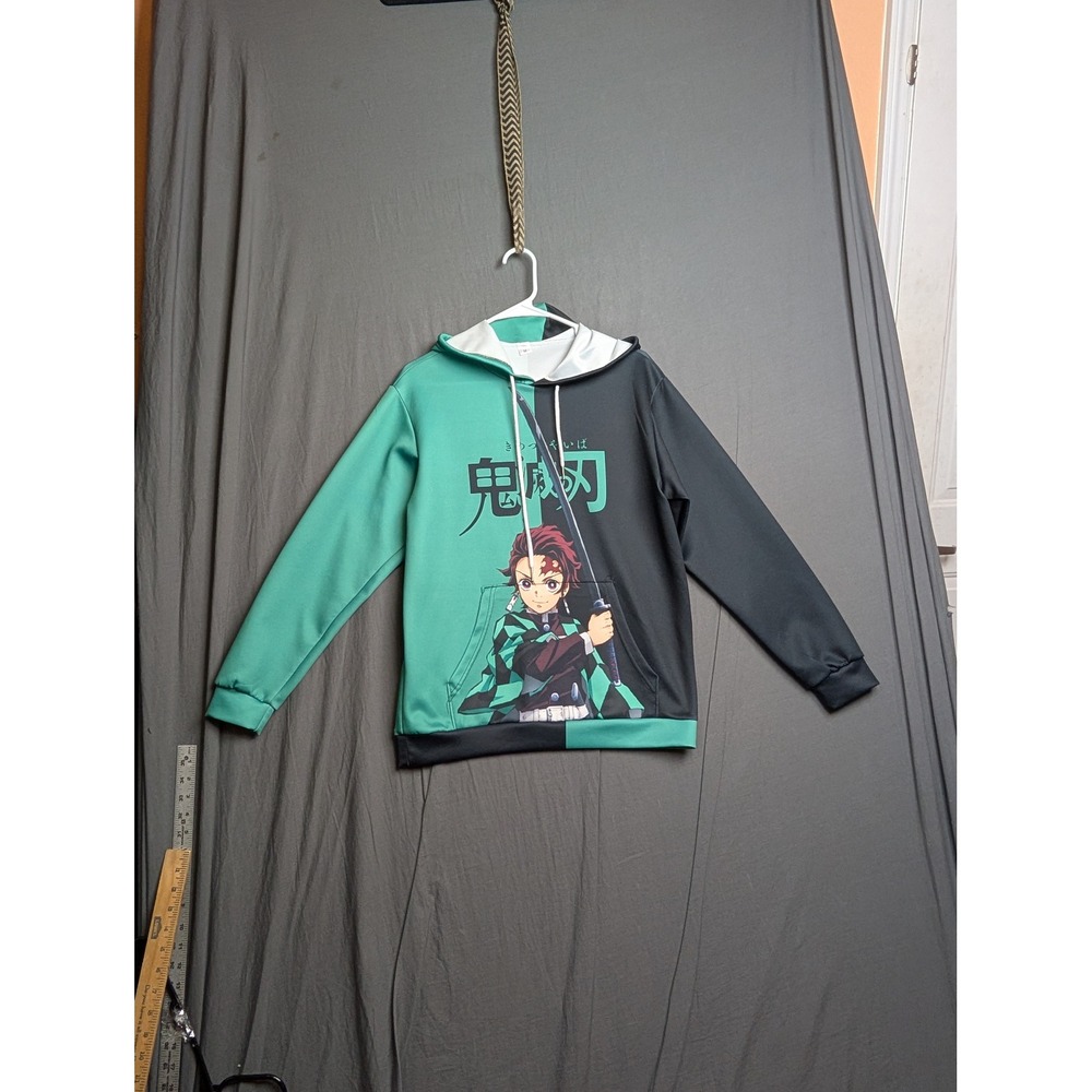 Demon Slayer Tanjiro Kamado Youth Medium Green Black Split Pullover Hoodie Anime